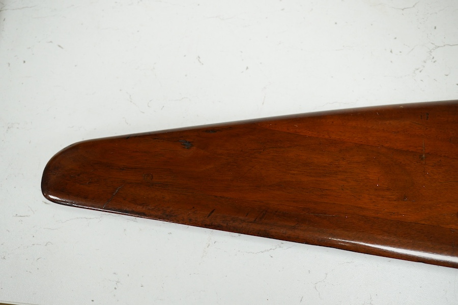 A 1930's mahogany aircraft propeller blade with makers transfer; William Beardmore & Co. Ltd., Dulmuir, 119cm long. Condition - good